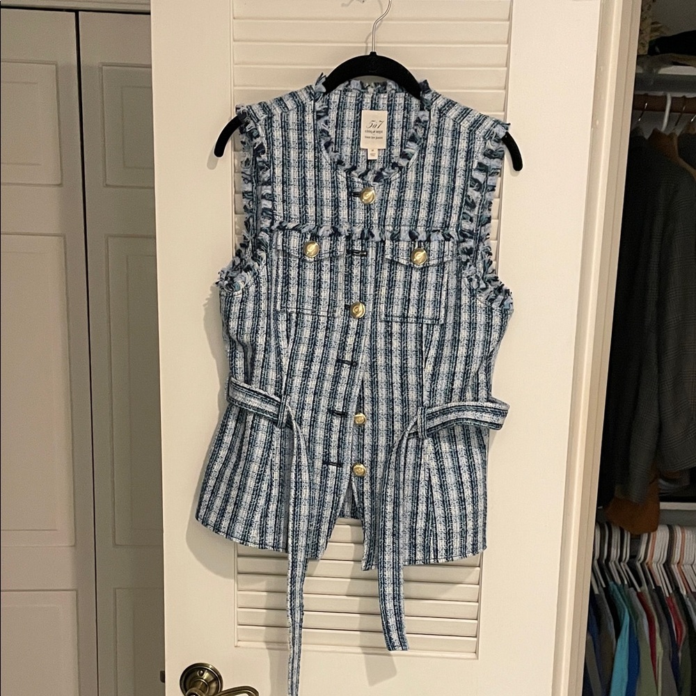 Cinq à Sept Navy and White Striped Ruffle Blouse